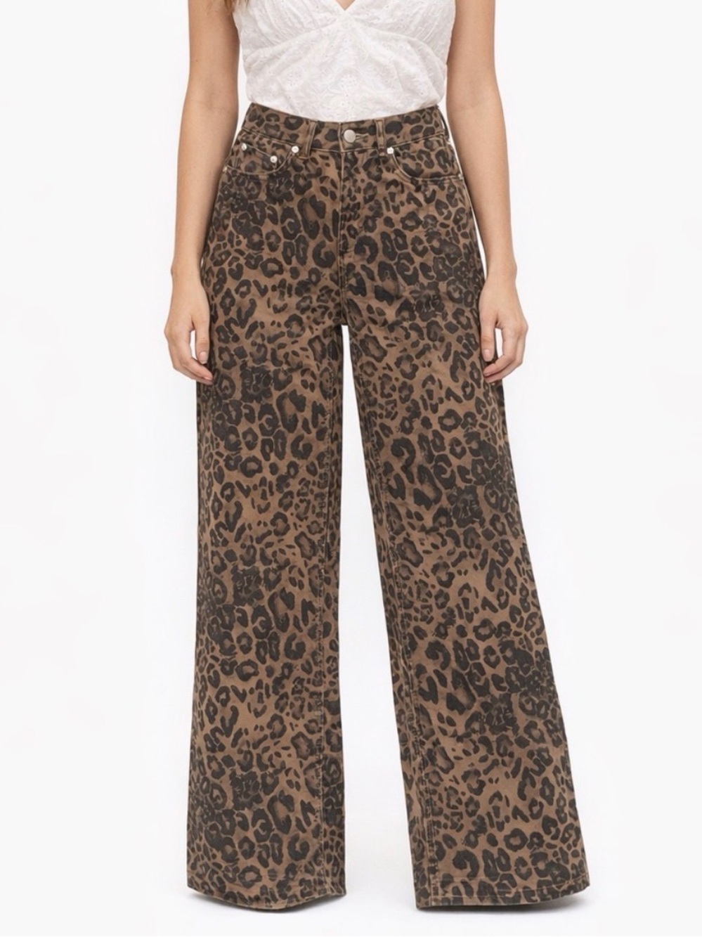 Aelfric Eden Wide Leg Jeans Womens 28 Brown Leopard Print High Rise Denim
